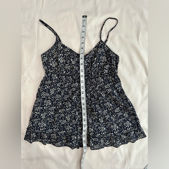 Express Womens Spaghetti Strap Ruffled Navy Blue White Floral Tank Top Size XS - Picture 9 of 10